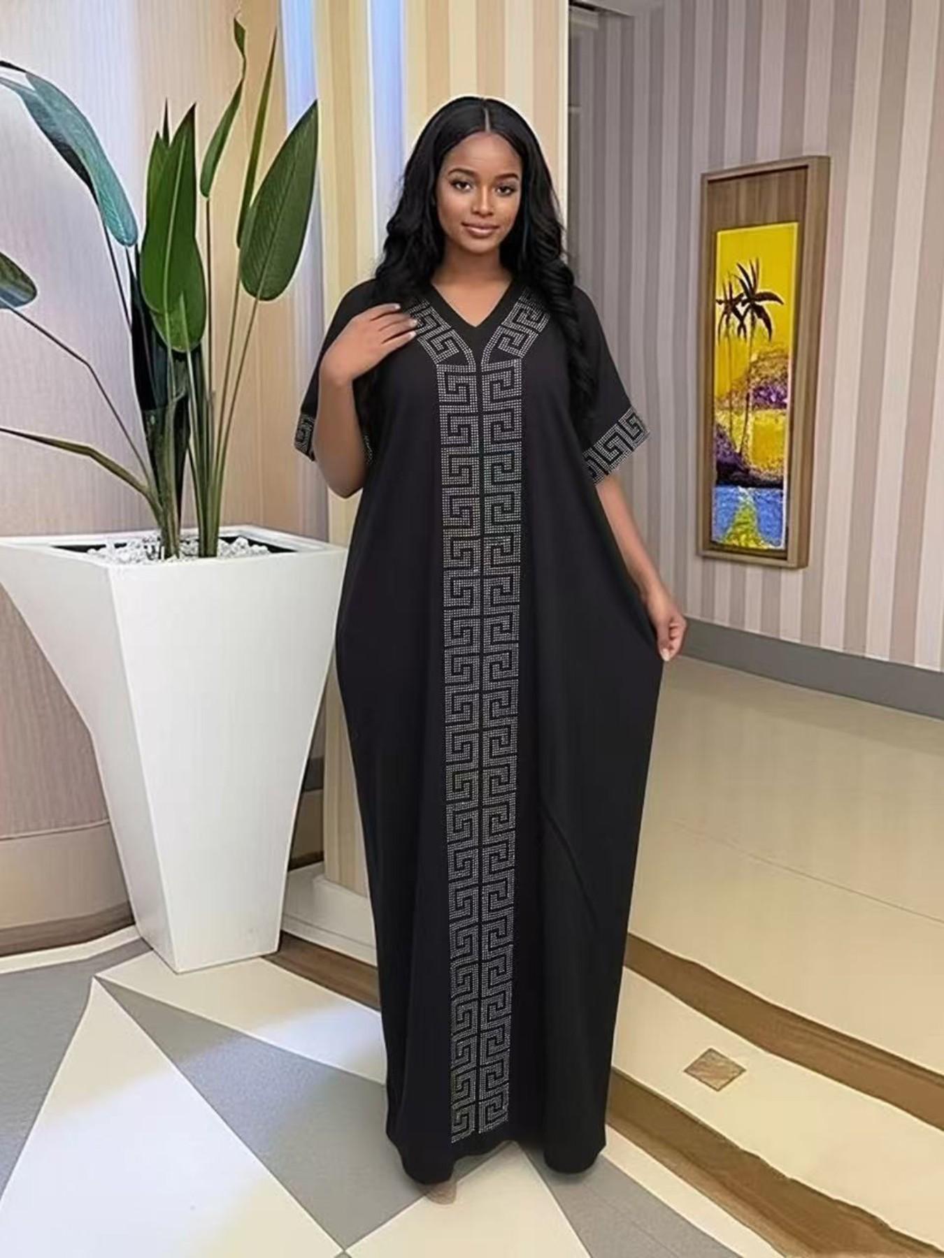 African Nigerian Style Women's Dress, Rhinestone Loose Ethnic Boubou Kaftan, Elegant Solid Color Daily Party Muslim Robe, with Scarf and Pockets 2026