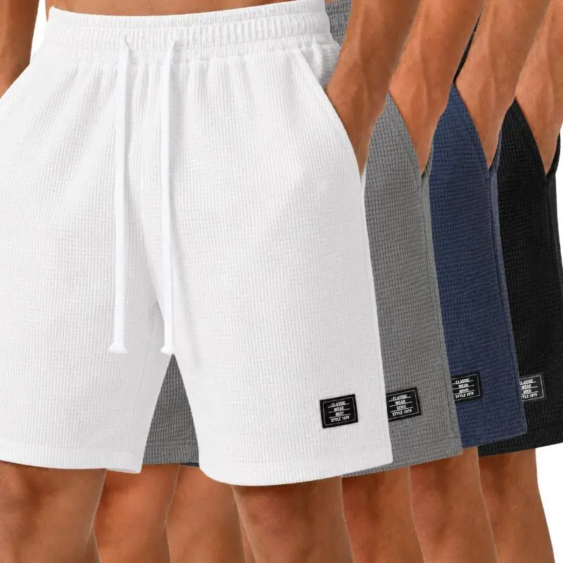 Men's 1/4-Pack Waffle Knit Lounge Shorts, Solid Relaxed Fit Mid-Length Casual Bottoms with Flexible Elastic Waist, Adjustable Drawstring and Side Pockets, Lightweight Shorts for Home, Weekend, Travel, Walking and Vacation