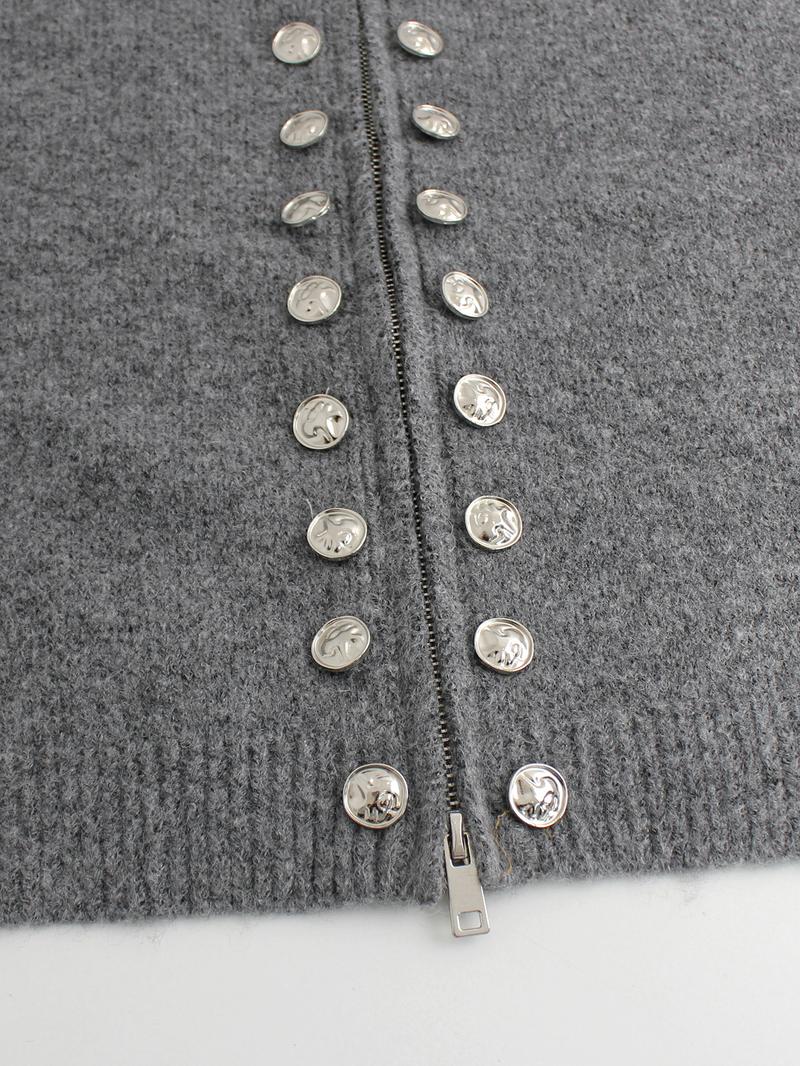 Elegant Women's Knitted High Neck Long Sleeve Cardigan, with Ribbed and Faux Button Detail, Perfect for Spring & Fall Fashion