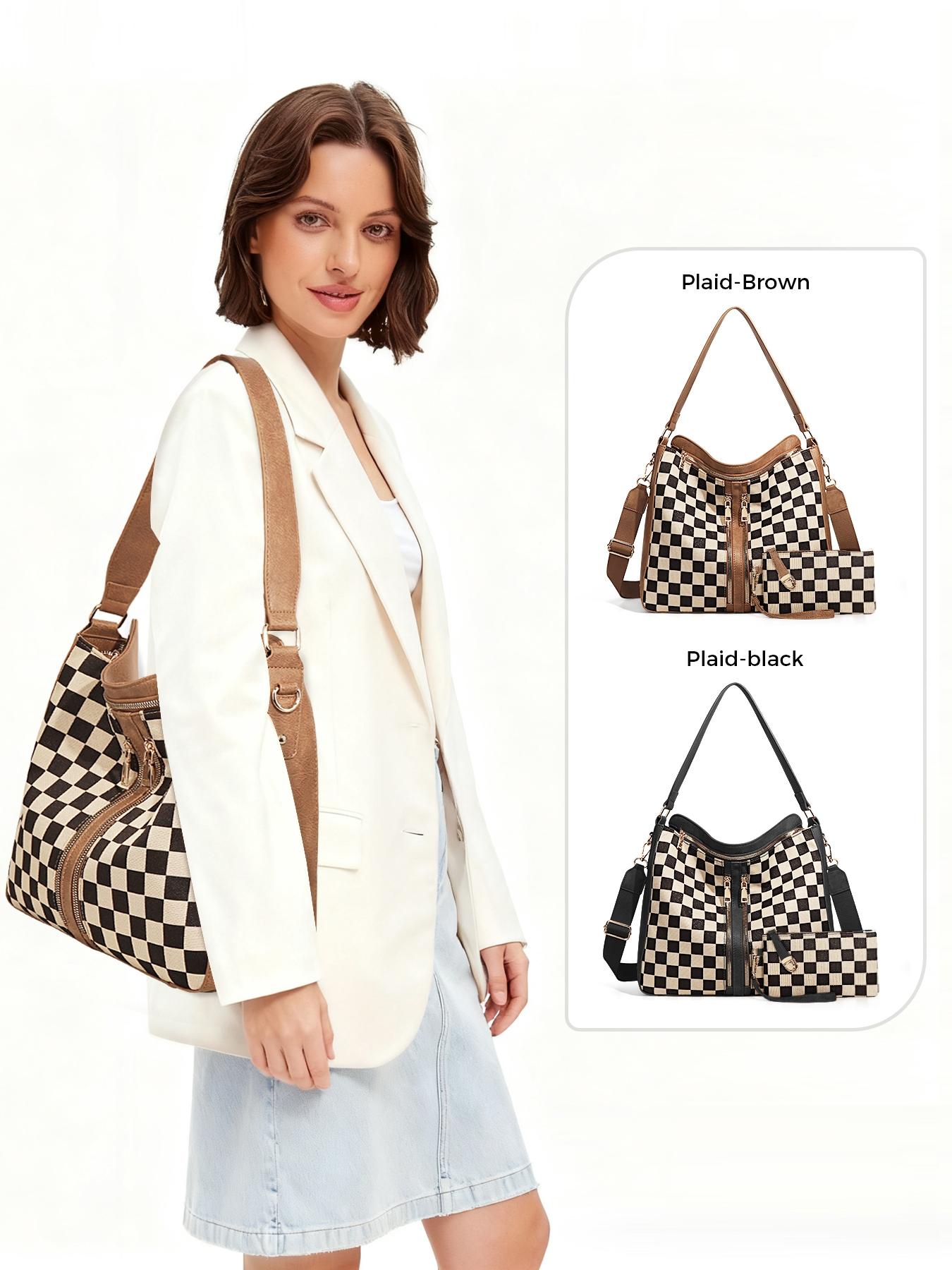 Checkered Plaid Pattern Women Large Crossbody Bags Ladies Satchel Shoulder Handbags Purse and Wallet Set for Women Totes Hobo Purses with Adjustable Strap For Work, Travel Fashionable Patterned Bag