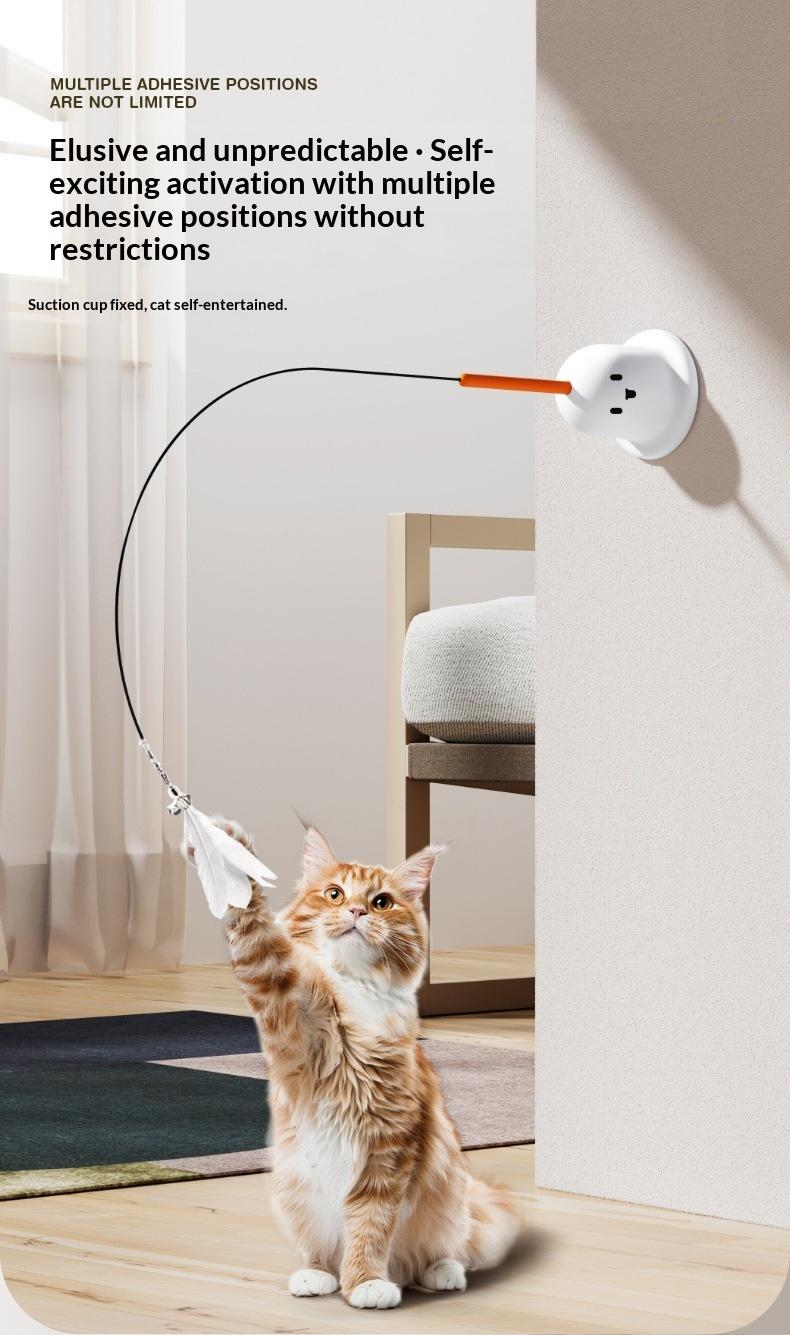 Interactive Suction Cup Cat Feather Wand with Bell, Self-Entertaining Toy for Cats
