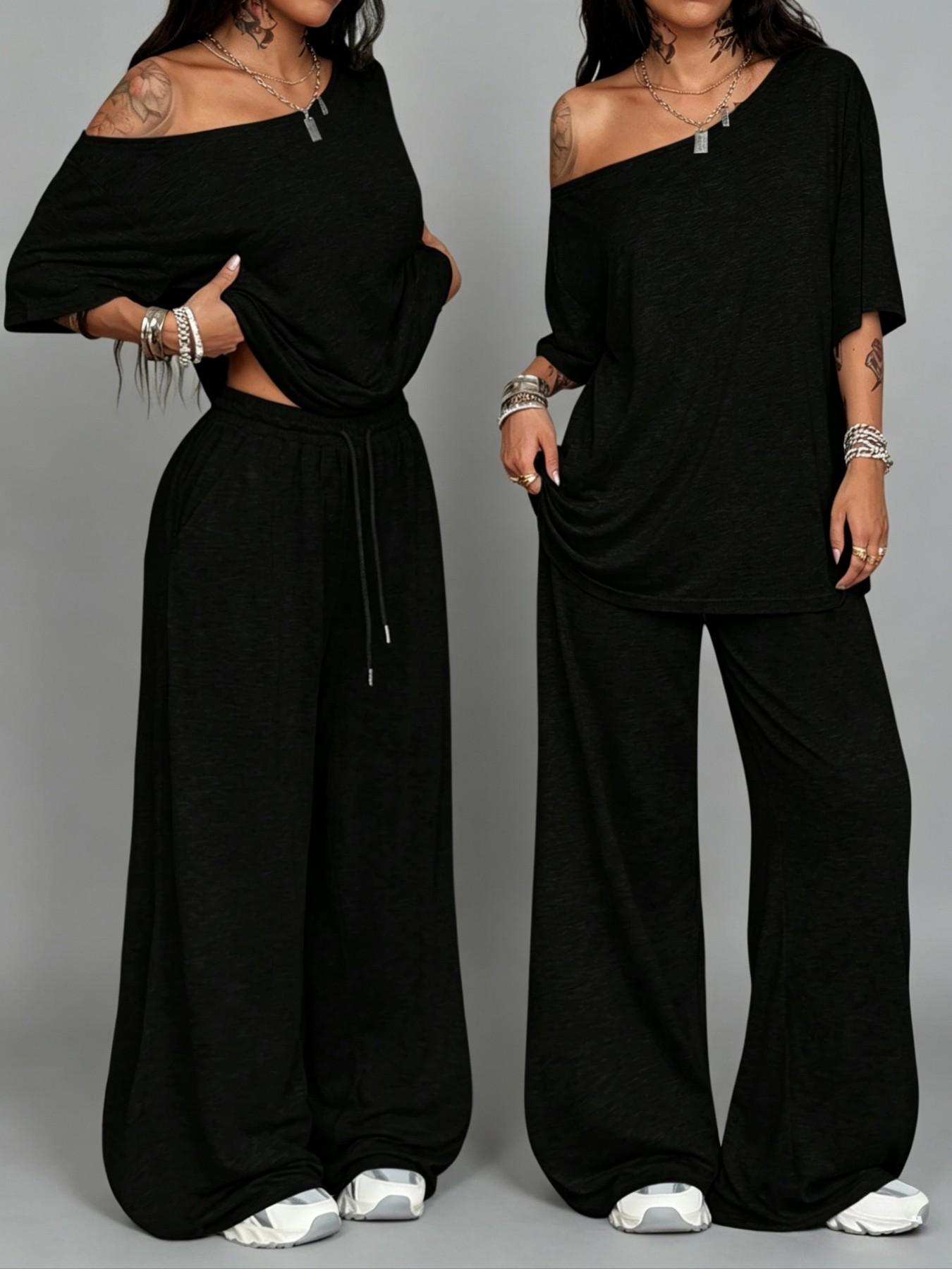 Women's Casual Solid Color Sport Two-Piece Set, Sweatsuit Loose Long Pants & Wide Leg Slant Neck Pant Suit, Spring & Fall Fashion