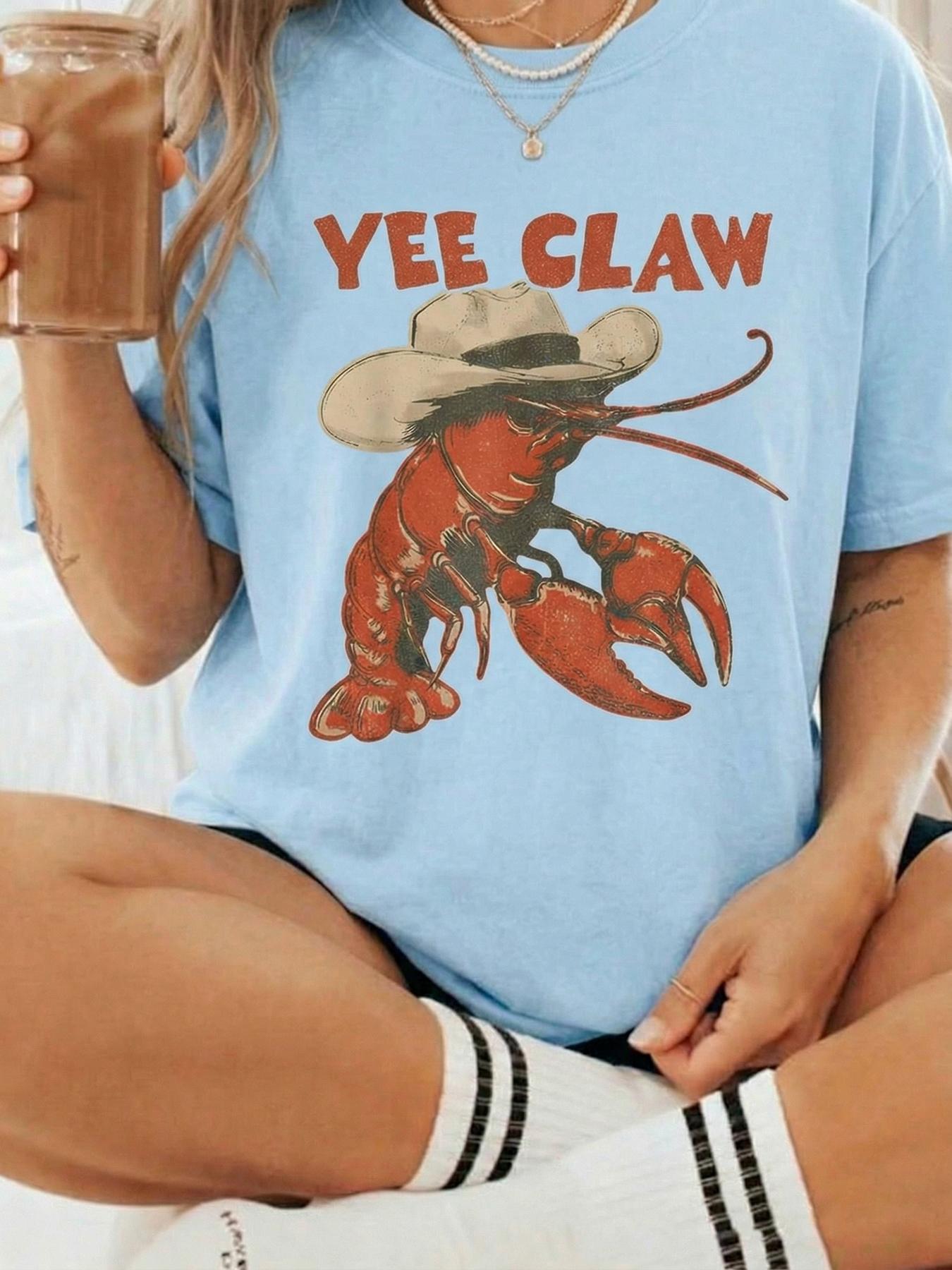 Cowboy Crawfish Vintage Oversized Graphic T-Shirt Beachwear Summer Vacation Western Style Funny Lobster Tee Casual Streetwear Coastal Aesthetic Soft Trendy Outfit Women Holiday Fashion Cute Graphic Tee Comfortable Loose Fit Summer Top Beach Outfit Street