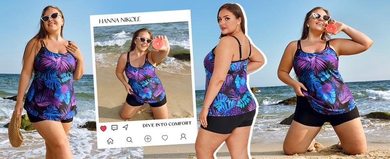 【12-28W】Hanna Nikole Womens Plus Size Tankini Swimsuit Two Piece Bathing Suits Flowy Swim Tops with Boy Shorts Outdoorfun