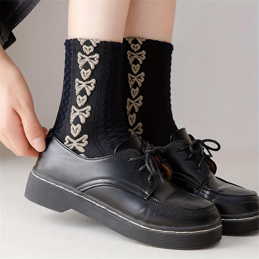 6 pairs of retro college style girl socks  versatile black flower bow loafers  mid length socks | Autumn Winter Outfits / New Fall Winter Style / Thermal Mid-Calf Socks