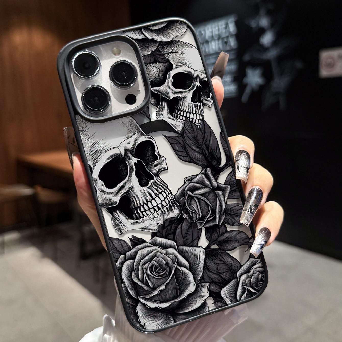 Monochrome Skull Rose Engraving Phone Case, Gothic Tattoo Art Full Coverage for iPhone 17 16 15 14 13 12 11 X Plus Pro Max, Alt Girl Gift