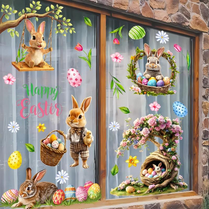 3pcs Easter Bunny & Egg Window Stickers, Floral Design, Wall Decor, Home Decoration, Party Supplies, Unique Gift Idea