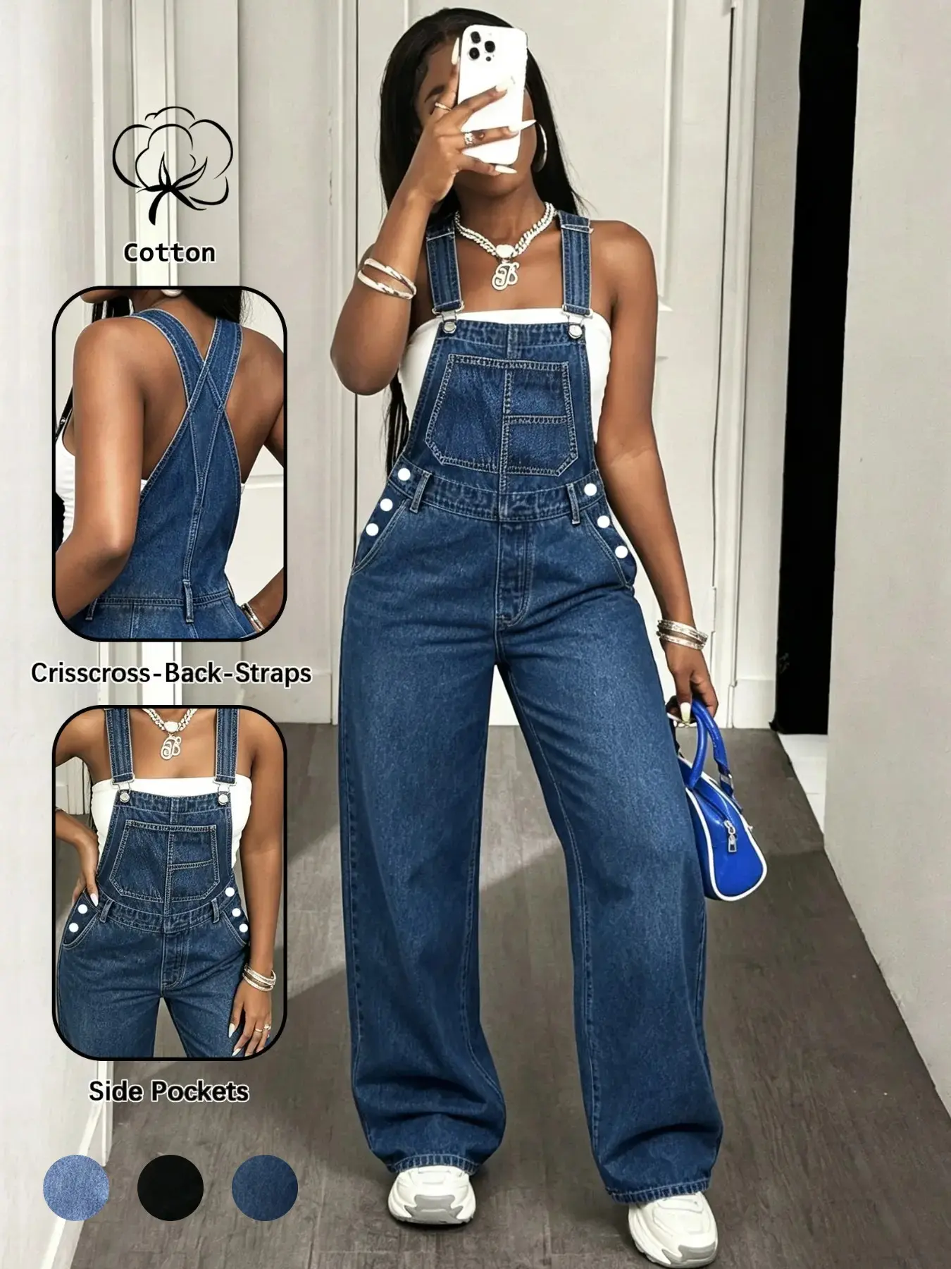 Women's Blue Denim Overalls, Jeans Bib Overall, Adjustable Straps, Wide Leg Design, High Waist Jeans, Pockets, Fashionable Comfort, Daily Wear