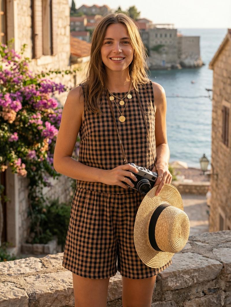 Women's Summer Plaid Crop Top Set, Elastic Waist Pocket Shorts, Casual Loose Fit Beach Vacation, Comfortable Daily Wear