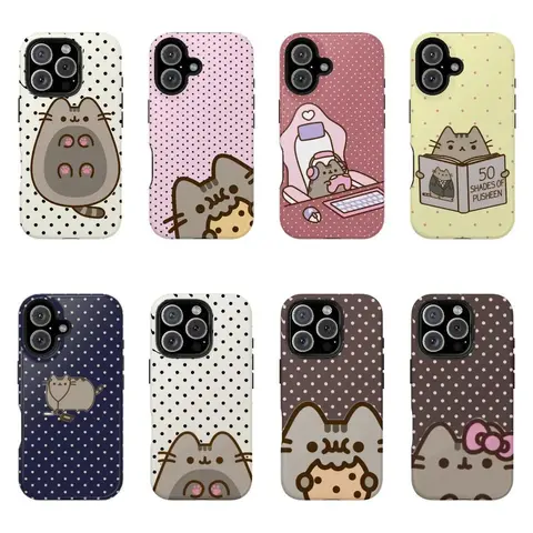 Pusheen The Cat Hybrid Polka Dot Shockproof Cellphone Accessory Case Cover - Multi-Model for iPhone 16 15 14 13 12 11 Pro Max, Galaxy S25 S24 S23 S22 Ultra, with Raised Bezels, Wireless-Friendly Christmas Gift