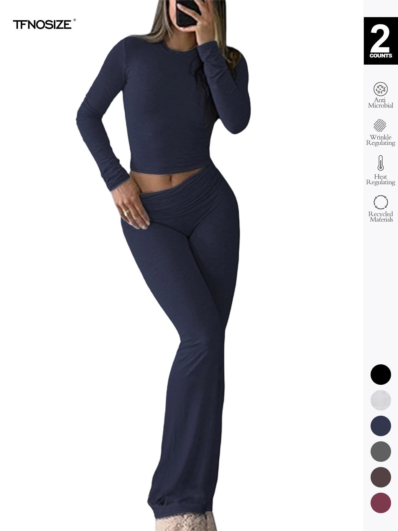 Women's 2 Piece Casual Pajama Set, Slim Fit Long Sleeve Top & Low Rise Bell Bottoms, Versatile Yoga Loungewear for All Seasons,Airport Outfit