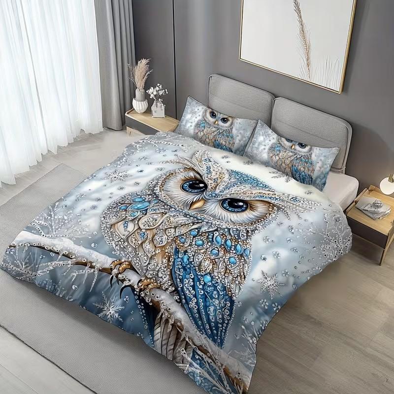 3-Piece Set with Owl on Branch Design, Includes 1 Duvet Cover and 2 Pillowcases, Snowflake Surround, Elegant and Cozy, Year-Round Use
