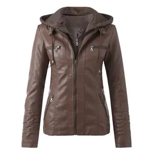 Women's Brown Faux Leather Jackets Double Layer Retro Motor Biker Leather Coat Slim Hoodee Outerwear Bomber Jackets For Women
