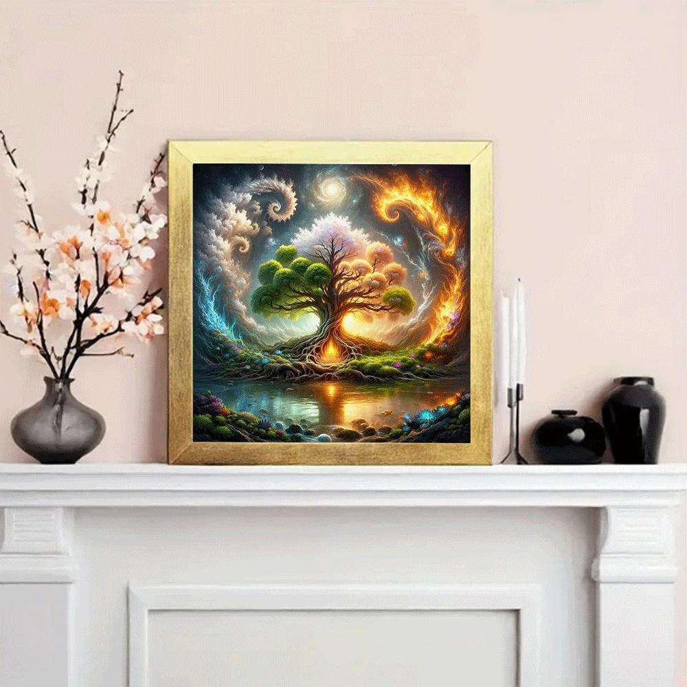 1PC,2D Mystical Tree of Life Diamond Painting Kit DIY Crystal Rhinestone Embroidery Art Craft for Home Wall Decor Fantasy Nature Landscape with Swirling Clouds and Glowing Roots Creative Gift for Adults and Kids