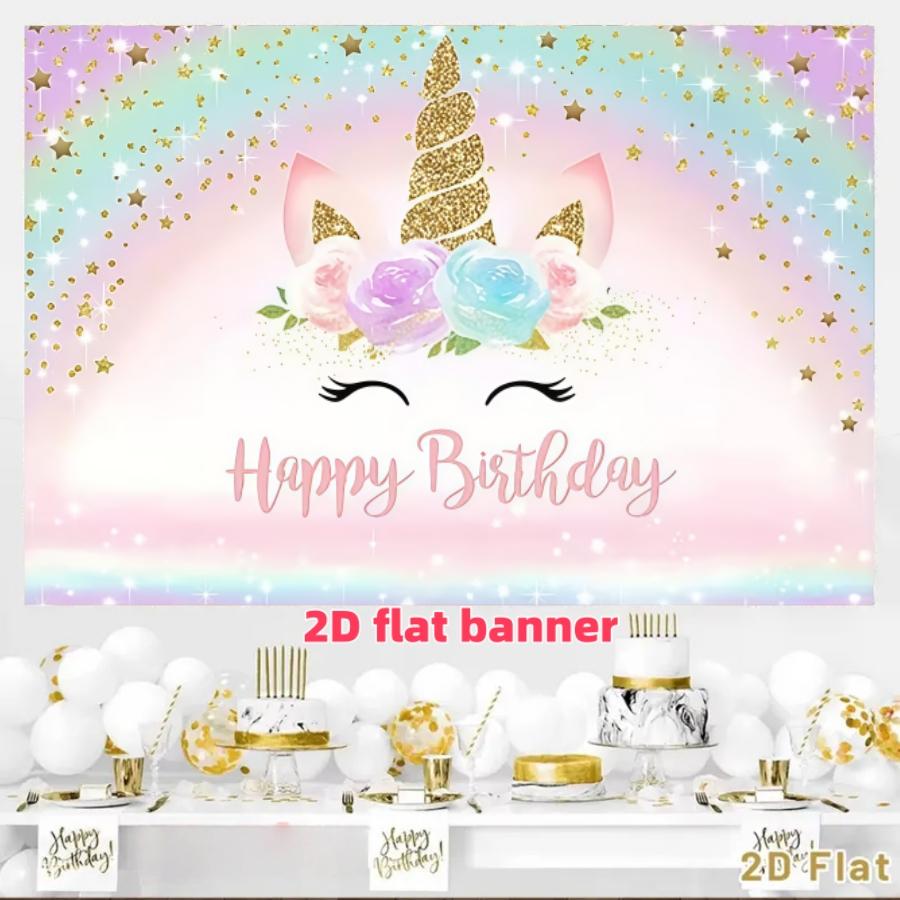 Flash gold unicorn birthday party background banner with rainbow stars, pink theme, polyester material, suitable for photo booths, parties, birthdays, celebrations, indoor and outdoor home birthday party decoration, home decoration, room decoration