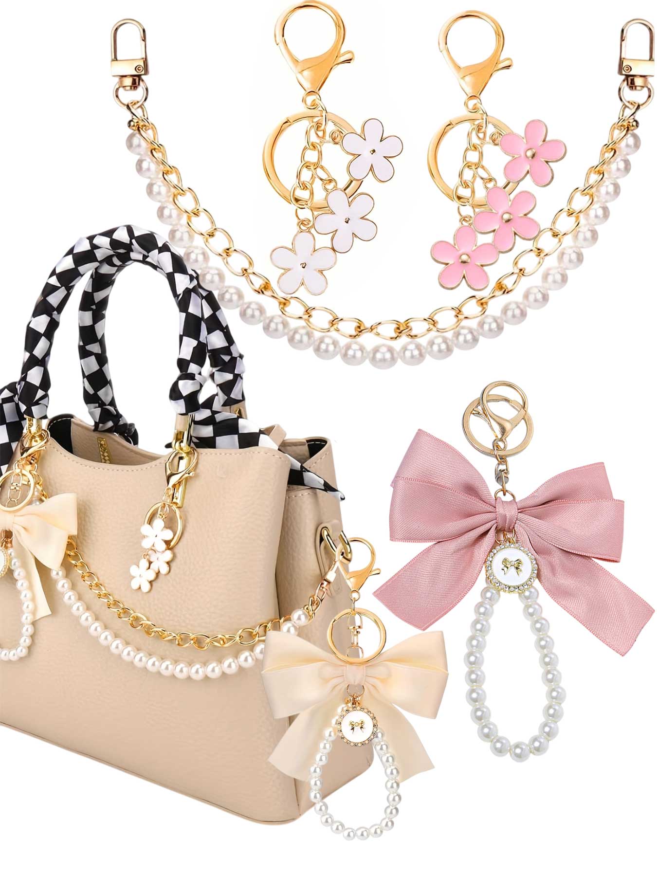 3pcs/Set Elegant Metal Bag Charms & Keychains Set-Double Layer Faux Pearl Bead & Chain Purse Charms,Decorative Bag Chain Handbag Decoration Purse Bag Extender Chain Bag Strap Purse Charms Accessories Keychain Kawaii Accessories For Bags