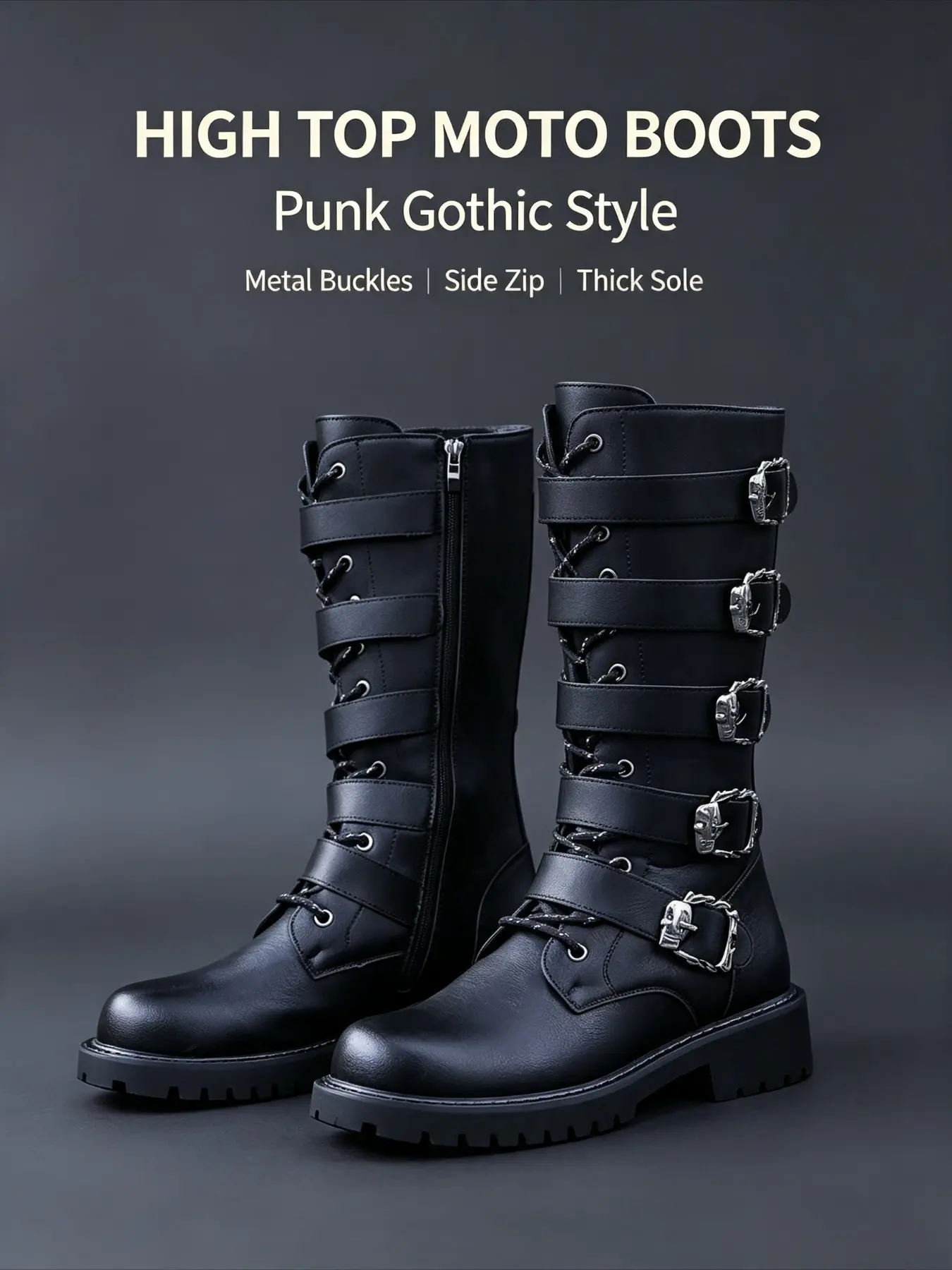 Men's High Top Motorcycle Boots, Punk Gothic Rock Style, Lace-Up Side Zipper, Anti-Slip Thick Sole, Durable Long Boot for Street Party