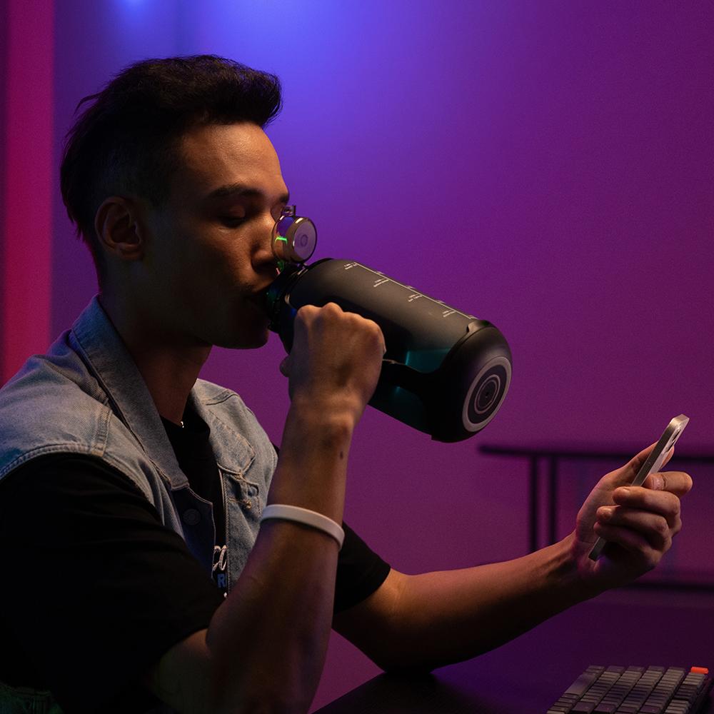 Cool Springtok Sports Water Bottles 44oz with Tritan Finish, Built-in Straw, Unique Smart Water Cup with LED Light, Dual-Handle & App Control - Fun