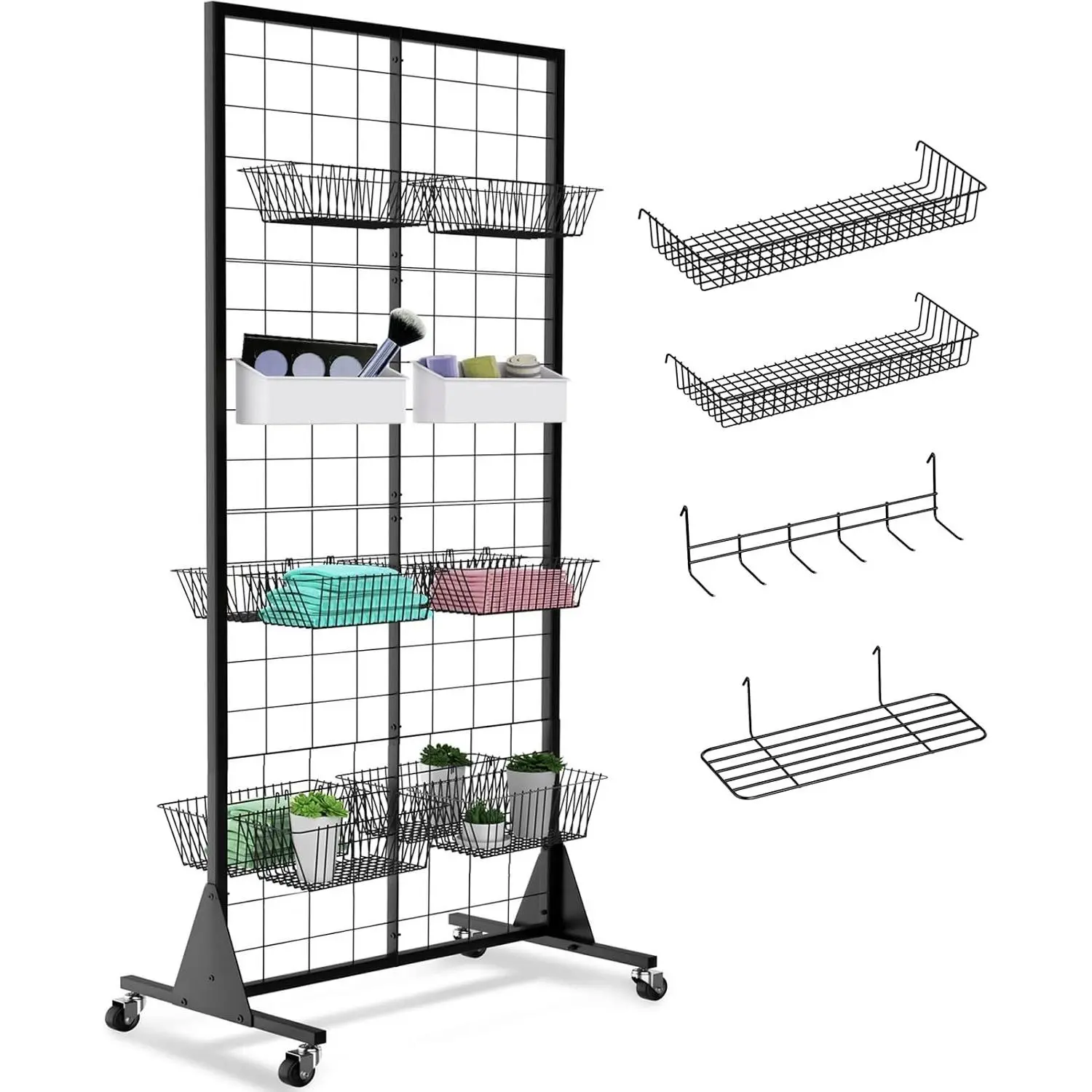 1-Pack 2' x 5.5' Ft Gridwall Panel Display Stand, Heavy Duty Movable Floorstanding Detachable Grid Wall Panels for Art Fairs, Includes 4-Pack Mesh Accessories