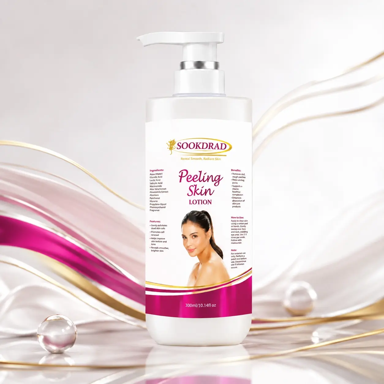 Peeling Skin Lotion, contains Glycolic Acid, Lactic Acid, Salicylic Acid, Niacinamide, Aloe Vera Extract, Chamomile Extract, exfoliates dead skin cells, improves skin texture, unclogs pores, reveals