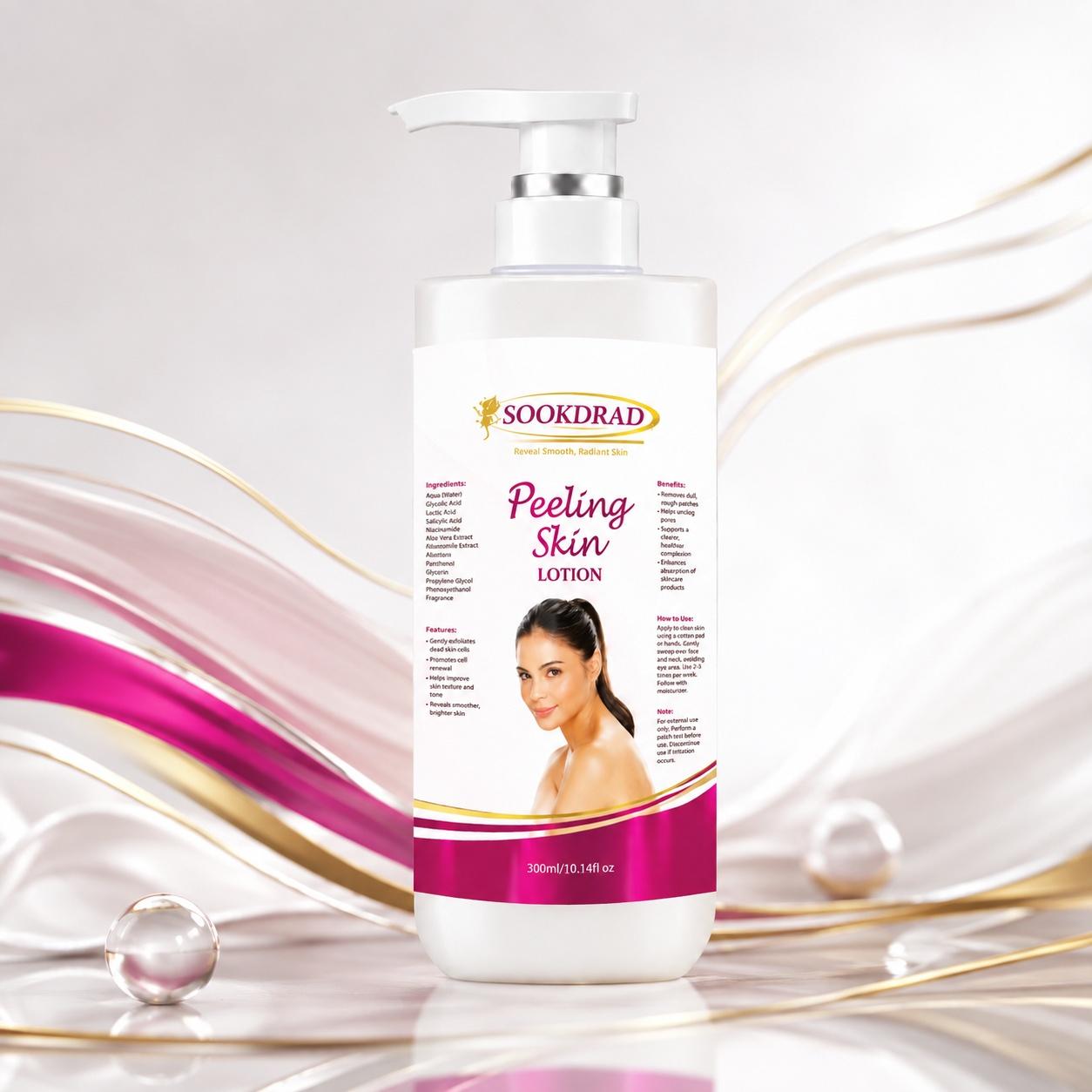 Peeling Skin Lotion, contains Glycolic Acid, Lactic Acid, Salicylic Acid, Niacinamide, Aloe Vera Extract, Chamomile Extract, exfoliates dead skin cells, improves skin texture, unclogs pores, reveals