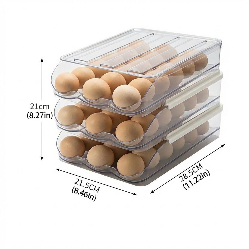 Egg Holder for Refrigerator, Automatic Rolling Egg Dispenser with Lid, Stackable Storage Rack, Transparent Plastic Egg Tray 2-Tier/3-Tier