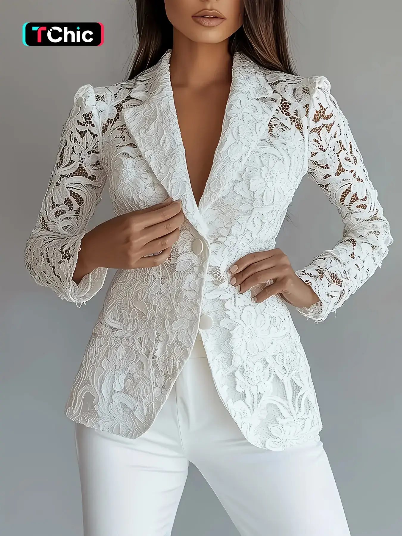 Women's Lace Cutout Long Sleeve Blazer, Lapel Design, Office & Daily Wear, Versatile Outerwear for Professional Settings