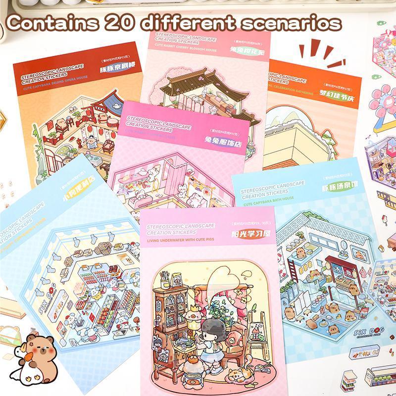 DIY 3D Sticker Scene Collection Book，Mini Scenery Sticker Book, 1 Set Miniature House Sticker with 20 Scene Cards and 30 Stickers, Journal Supplies, Cartoon Stickers, Decorative Scrapbook, Artistic Craft, Phonecase Sticker Collection