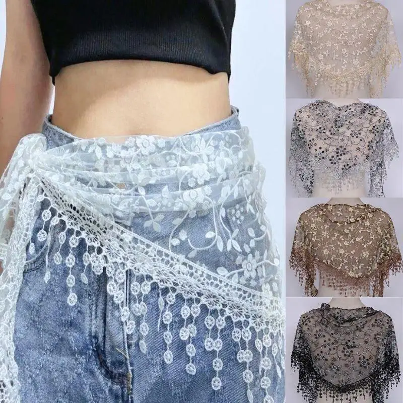 Women's Polyester Tassel Scarf - 150x40cm Solid Color Floral Lace Embroidered Veil Triangle Head Covering (Fashion Accessory)
