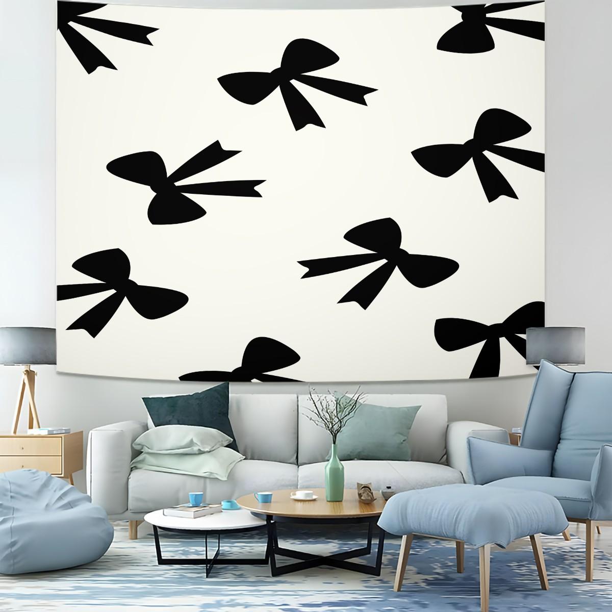 Bow Print Wall Tapestry, Minimalist Bedroom Wall Decor with Heart Accents, Aesthetic Gift for Girls