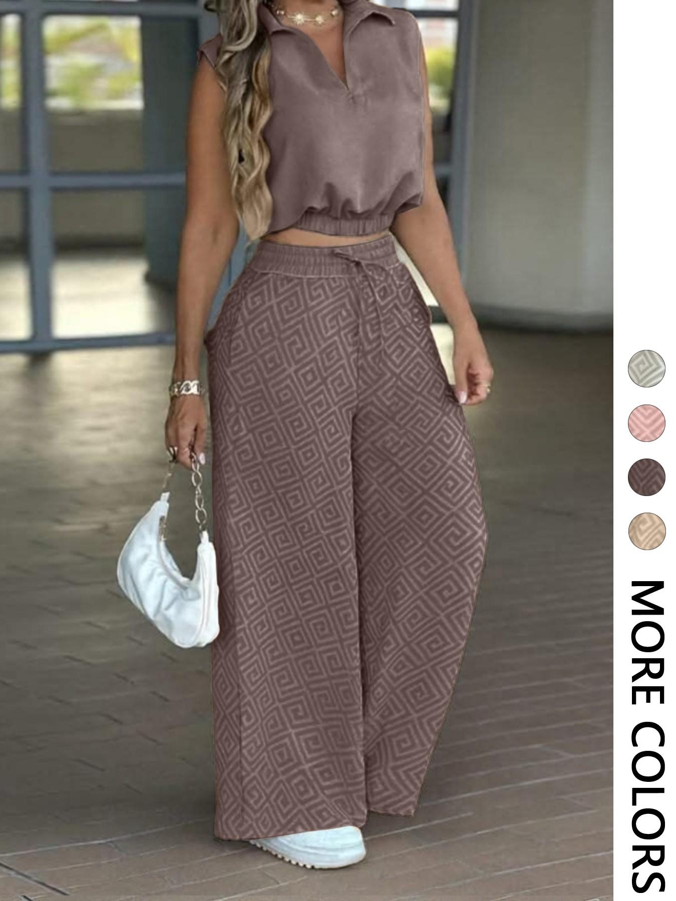 2-Piece Women's Casual Commuter Set, Sleeveless Collared Waist-Defined Crop Top with High-Waisted Drawstring Wide-Leg Pants