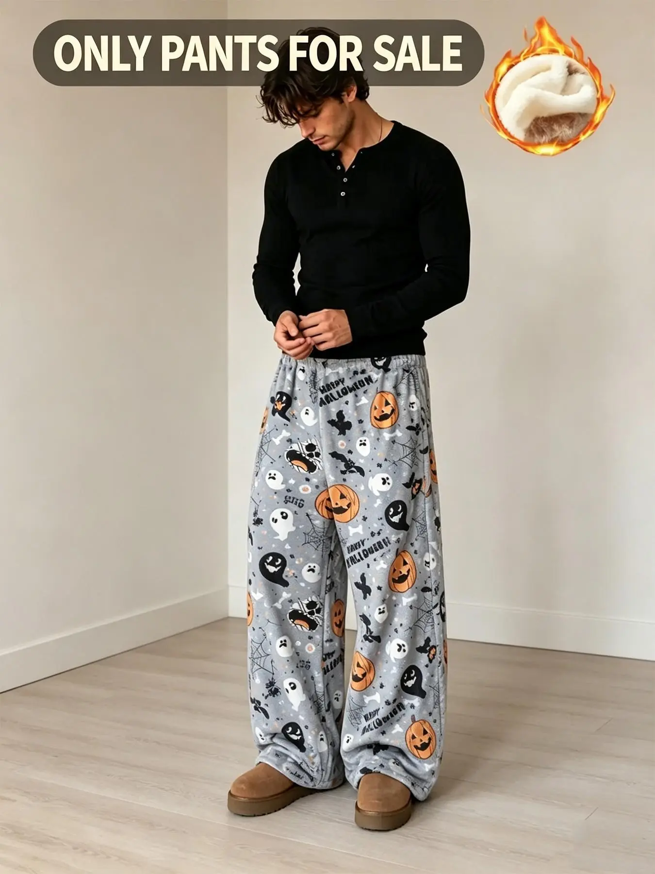Unisex Halloween Sleep Pants, Ghost Pumpkin Print, Flannel Material, Loose-Fit, Ankle Length, Perfect for  everyday casual wear at home; a perfect gift for family members.