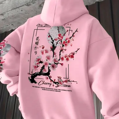 Y2K Japanese Cherry Blossom Print Hoodie, Loose-Fit Casual Sweatshirt, Soft and Cozy, Perfect for Campus and Streetwear, Fall & Winter