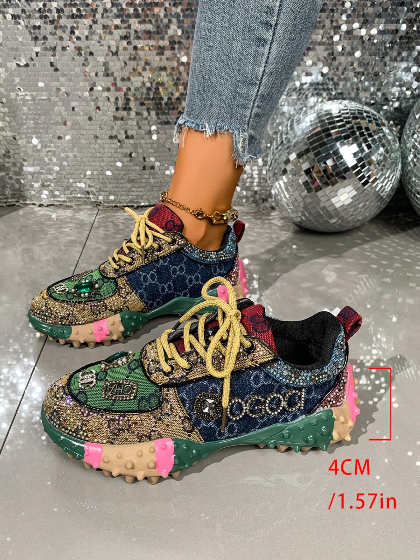 Vintage Colorblock Thick Sole Fashion Shoes, Unique Design Sequins Casual Sports Sneakers, Stylish Low-Top Footwear for Women & Men