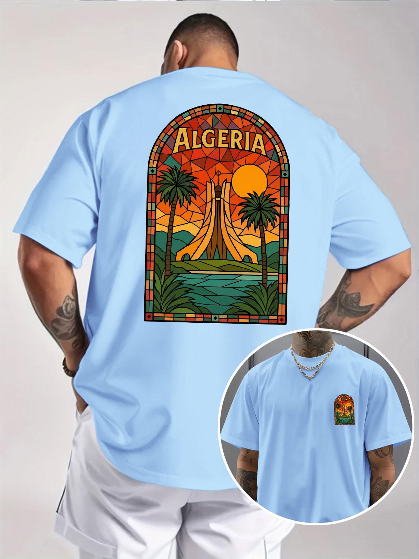 Algeria Landmark Print T-Shirt, Colorful Glass Art Style, Unisex Oversized Half Sleeve, North African Vacation Casual Tee, Cultural Souvenir