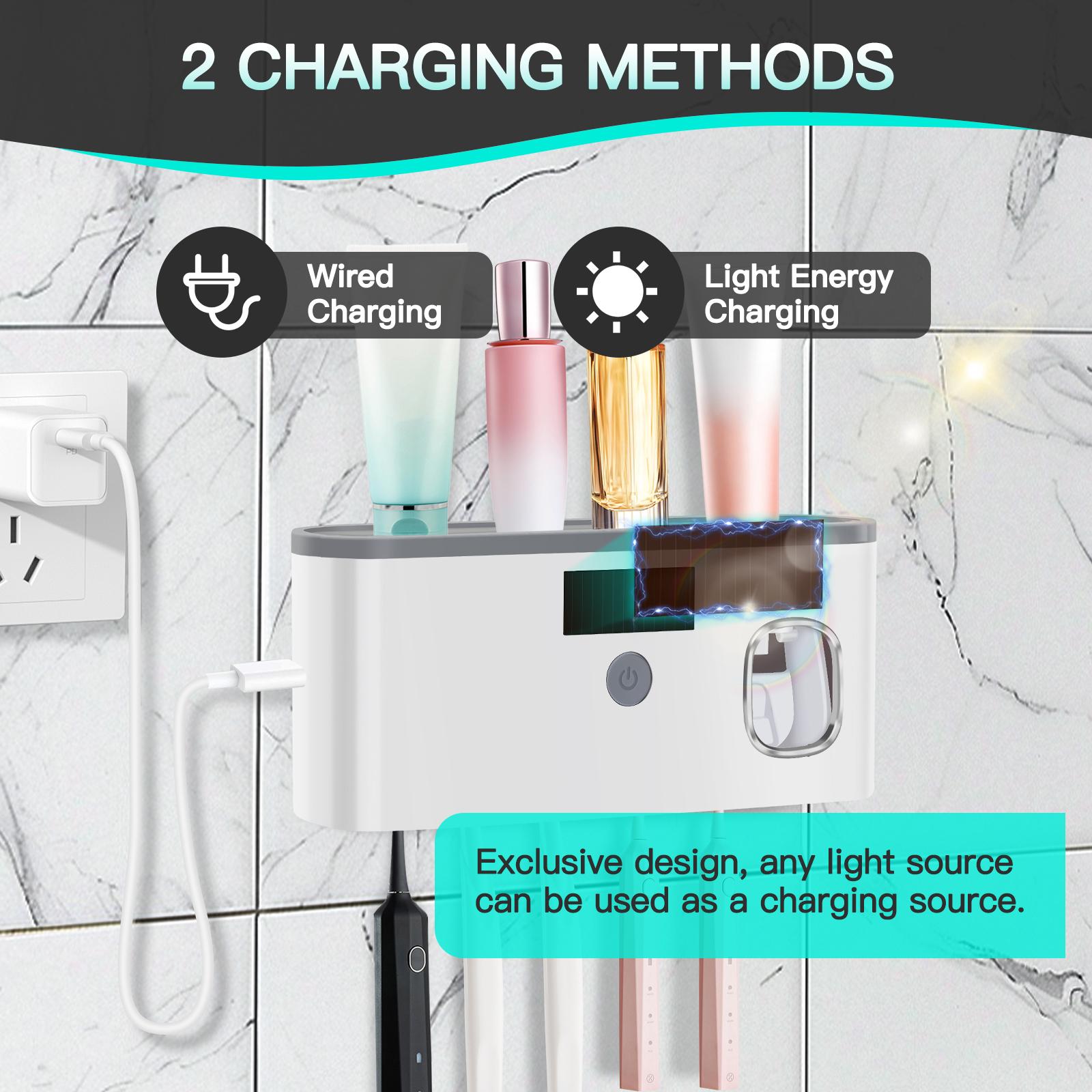 PHANCIR UV Toothbrush Holder for Bathrooms,5-Slot Wall Mount Toothbrush Sanitizer & Timing Function Wall Mounted with Toothpaste Dispenser for Electric / Regular Toothbrush Black Rose Gold