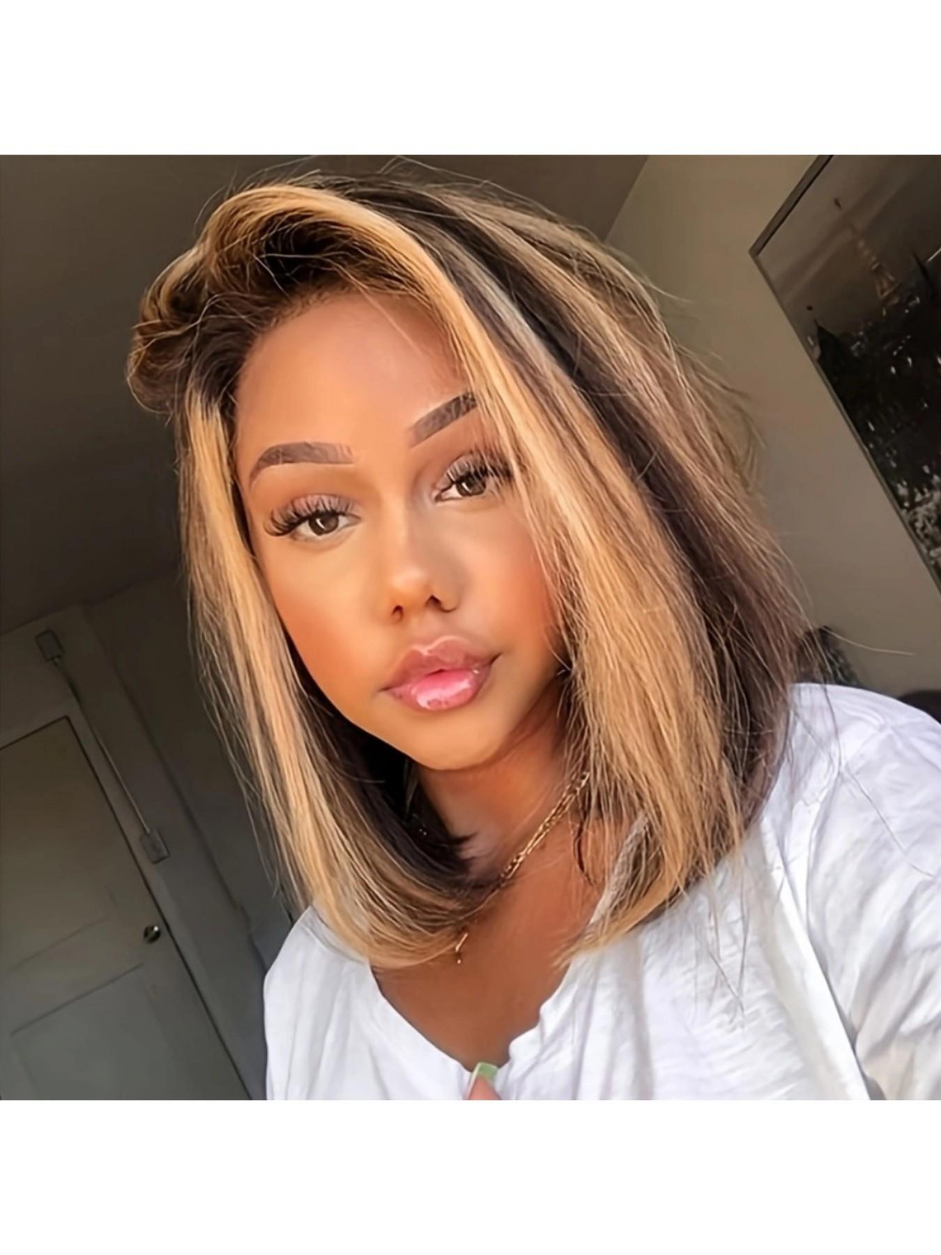 180% Density 13x4 Highlight Ombre Full Lace Frontal Bob Wig Human Hair 12A Brazilian Virgin Human Hair Pre Plucked 4/27 Honey Blonde HD Transparent Lace Glueless Wigs Human Hair