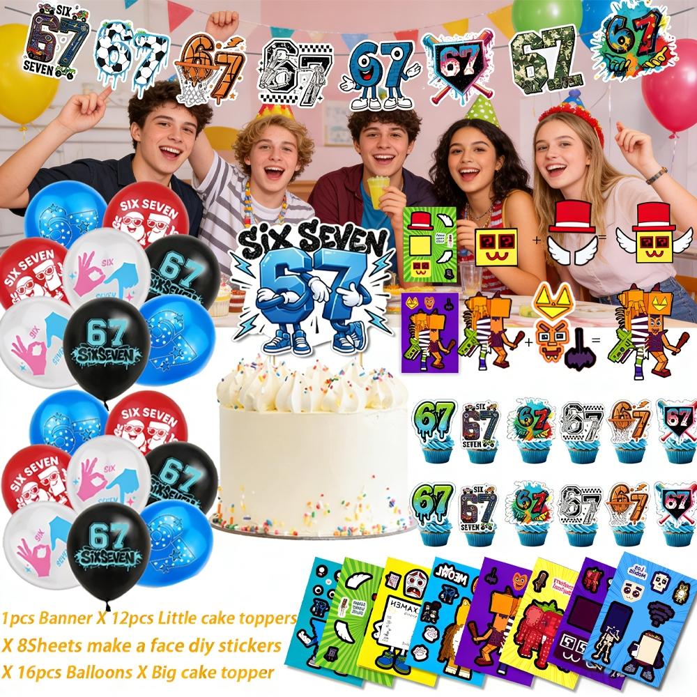 Hot Funny Abstract Six Seven Meme Theme Birthday Decorations ，Brainrot Meme &67 Themed party supplies Set Includes Banner, Cake Topper, Cupcake Toppers, Ballons，8 Sheets Make a Face Diy Sticker,Suitable for cartoon-themed birthday party events
