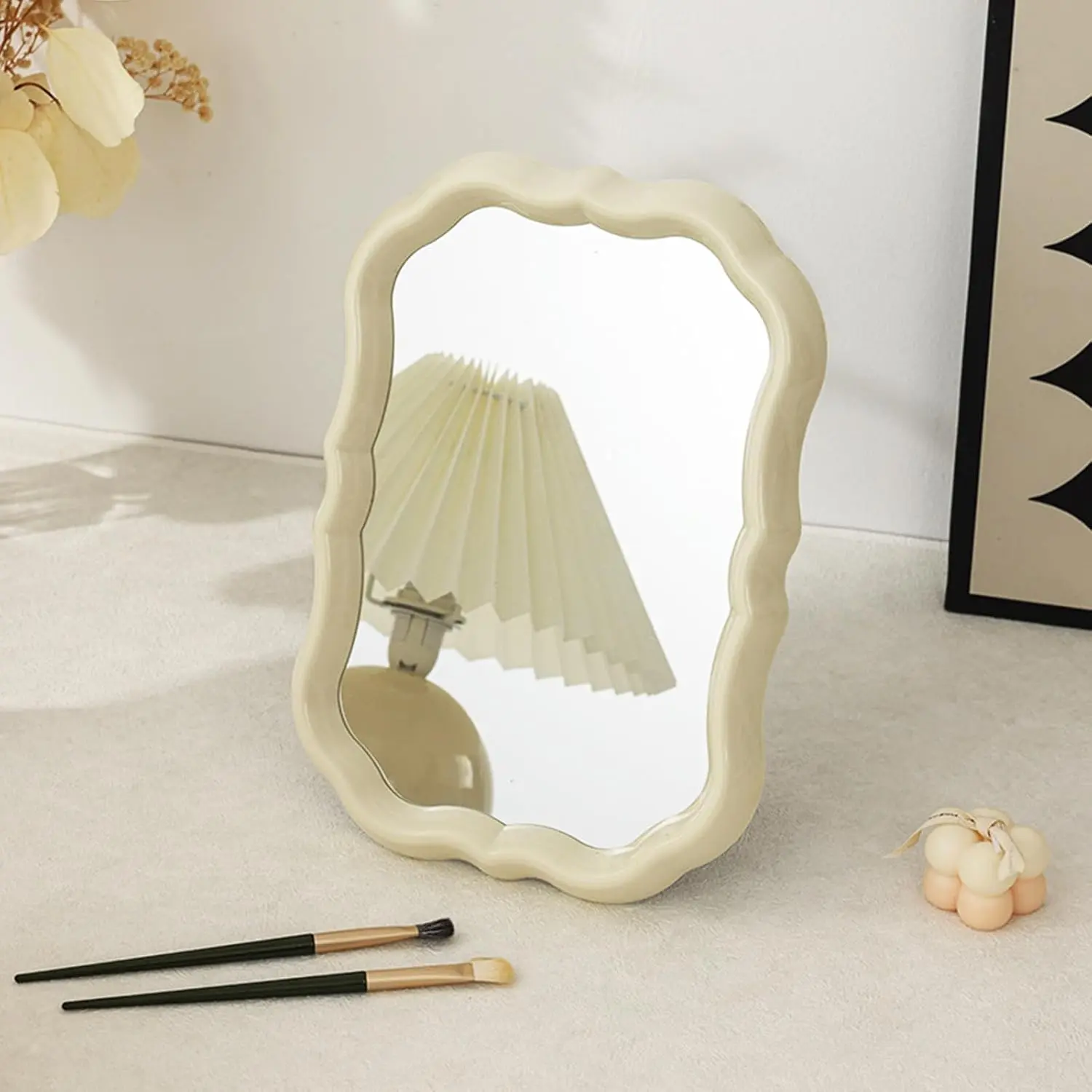 Wave Shaped Desk Makeup Mirror, 8x11 Inch Portable Tabletop Mirror with Stand &  Hook Cute Small  Mirror 2 in 1 Wall Table Mirror for Bedroom Office Desk Decor(White)