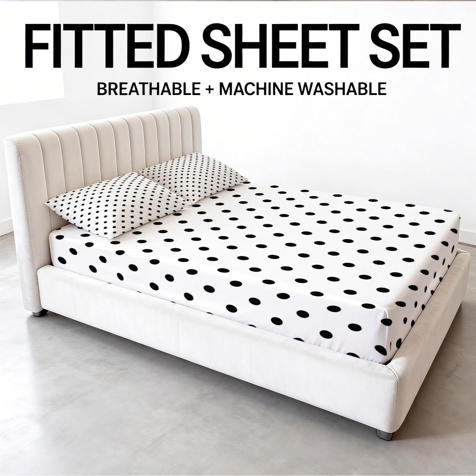 Polka Dot Fitted Sheet Set, 3 Pieces (1 Fitted Sheet + 2 Pillowcases, No Pillow Insert Included), Classic Minimalist Style, Breathable and Comfortable Fabric, Suitable for Teens and Adults Bedroom Decor, Perfect for Family Use