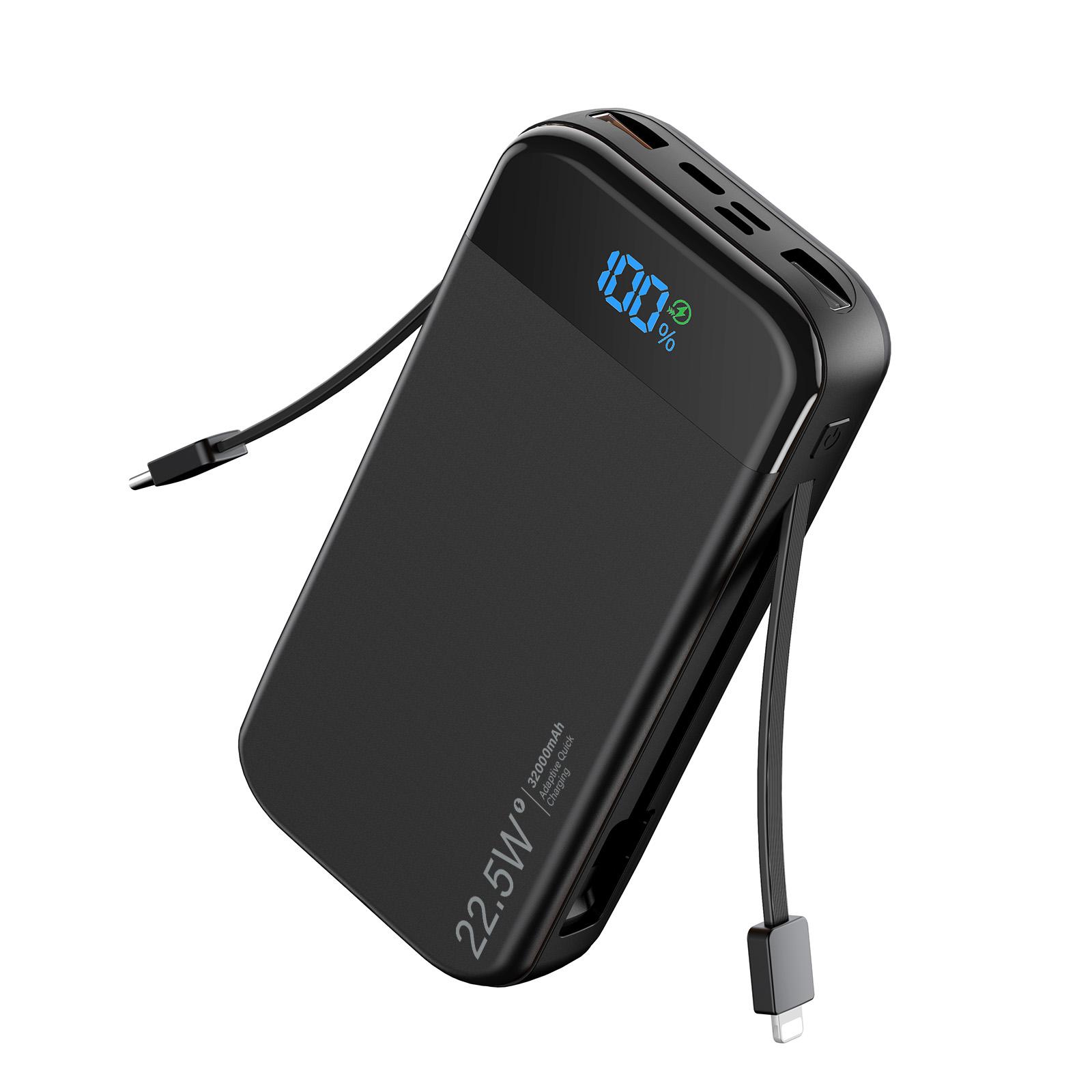 32000mAh Portable Charger with Built-in Cables, 22.5W Super Fast Charging Power Bank, Dual USB Output, 5 Outputs & 3 Inputs, 5 Outputs LCD Display Travel Battery Pack Compatible with iPhone, Samsung All Cell Phones