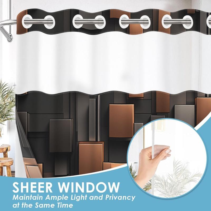 1pc hookless shower curtain with buckle lining, brown and black geometric square patchwork design, 2D flat printing, fabric waterproof lining, see-through double-layer shower curtain, 71 x 74 inches, modern home draping curtain.