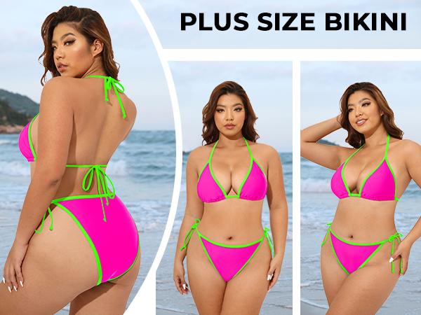 Tempt Me Women Plus Size Triangle Bikini Sets String Two Piece Halter Swimsuits with Tie Side Bottom