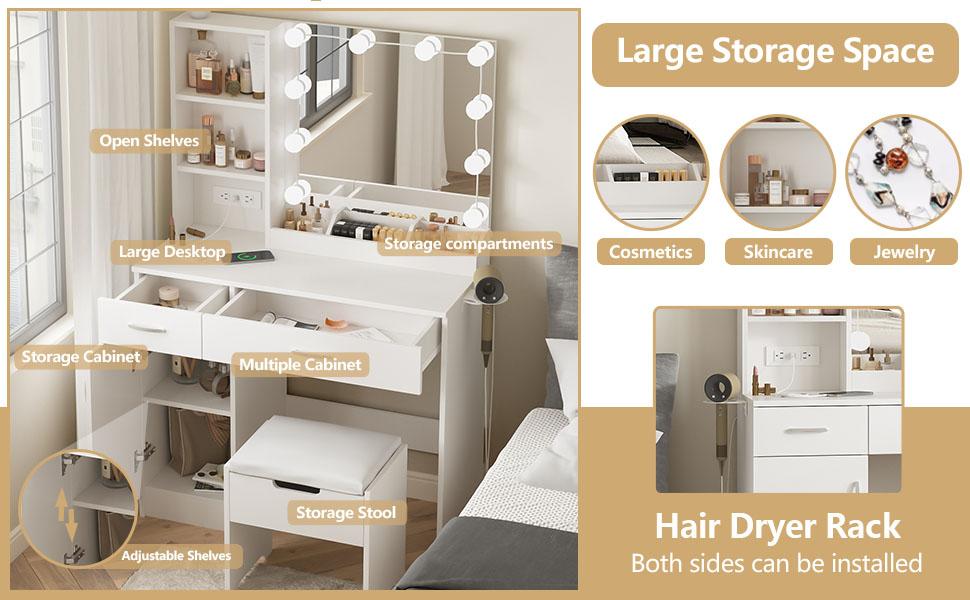 Vabches Vanity Desk with Mirror and Lights,Makeup Vanity with 2 Drawers Lots Storage,Vanity Table with Lighted Mirror,3 Lighting Colors, Brightness Adjustable,35in(L)