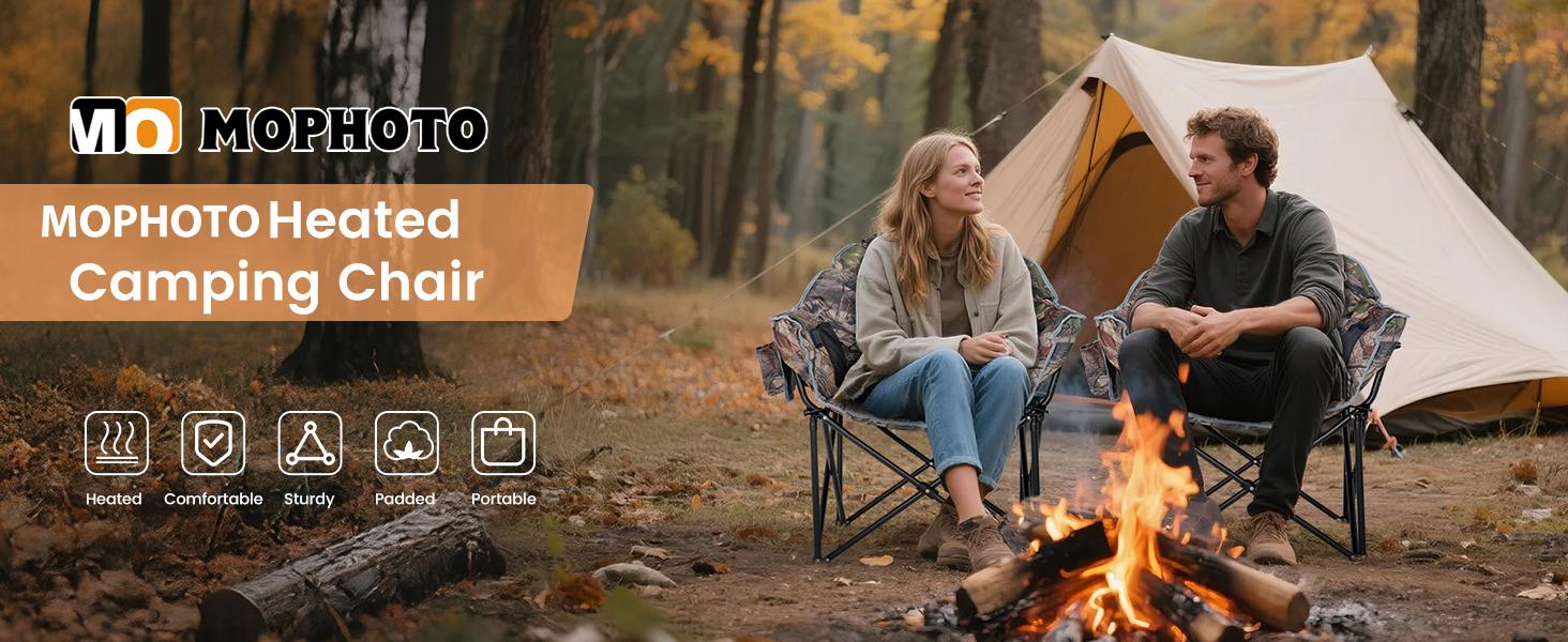 MOPHOTO Heated Camping Chair, Outdoor Sports Oversized Heated Folding Chairs with 3 Heat Levels 【Batteries not included】 Patio Lawn Lounge Chair Supports 500 lbs