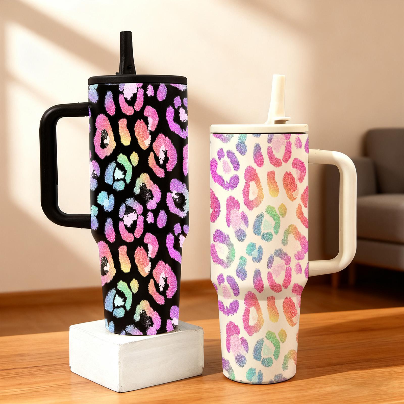 1 Pc Rainbow Leopard Print thermal mug, Vacuum insulated tumbler,40oz with handle, double wall vacuum insulated stainless, leak proof lid, keeps hot 12h cold 24h, for iced coffee tea water, sweat free grip, travel office daily, gift for women men