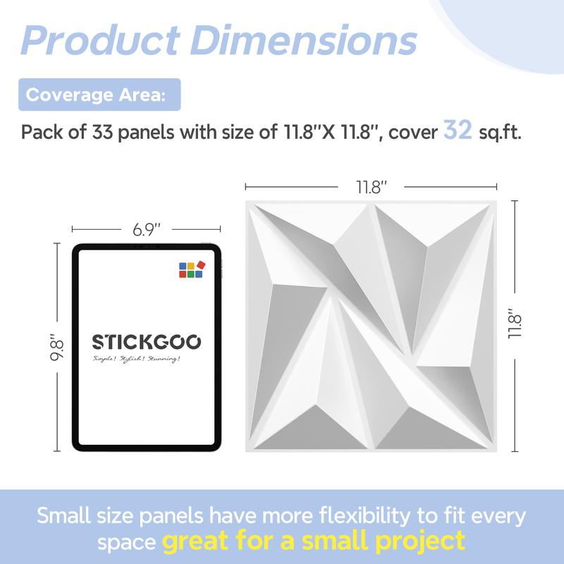 STICKGOO 33Pcs Tiles Geometric Pattern Wall Panel, Diamond Design 3D PVC Wall Panels for Interior Wall Decor, 11.8" x 11.8" Decorative Living Room