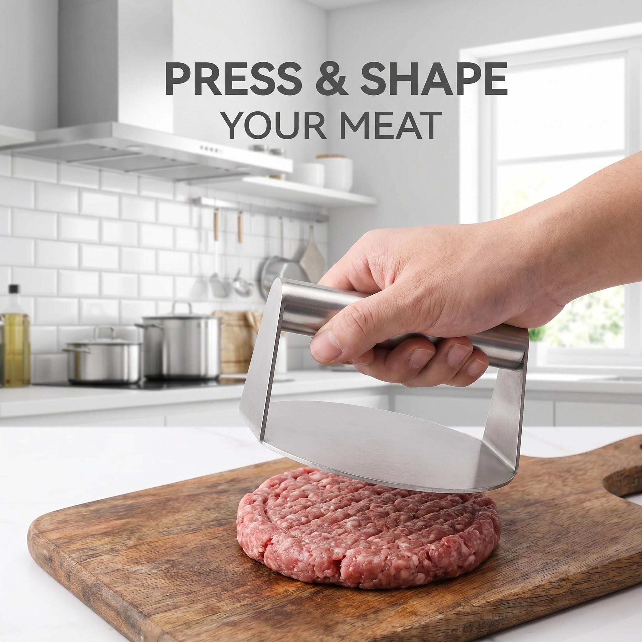 Stainless Steel Burger Press Meat Utensils, Non-Stick Hamburger Patty Maker with Ergonomic Handle & Flat Surface, Ideal for BBQ Home Kitchen Use-YY0