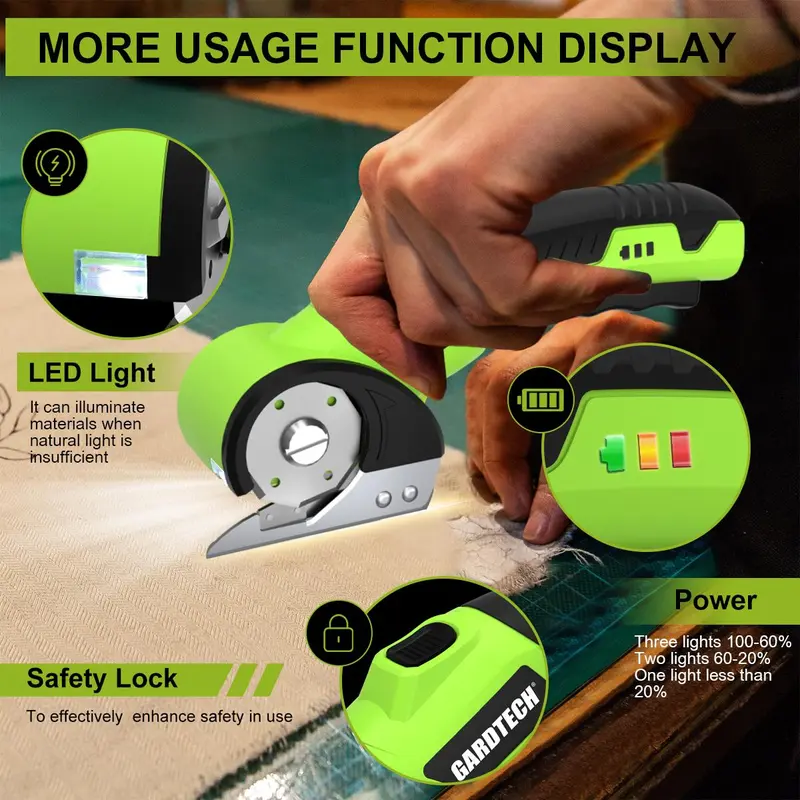 Gardtech Electric Scissors Cordless Rotary Cutter / Electric Box Cutter • Wireless Electric Scissors USB-Charging Electric Carton Cutter with Safety Lock • Fabric Scissors Electric Rotary Scissors for Cardboard, Carpet, Leather, Plastic • Sewing Tools