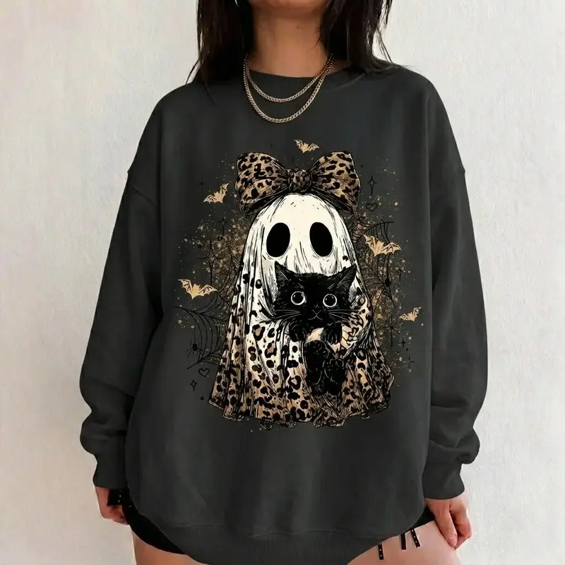 Oversize Baggy Loose Crew Neck Halloween Sports Sweatshirt Apparel - Comfortable Casual Top with Cute Spooky Leopard Ghost Cat Graphic, Coquette Bow Fall Outfit